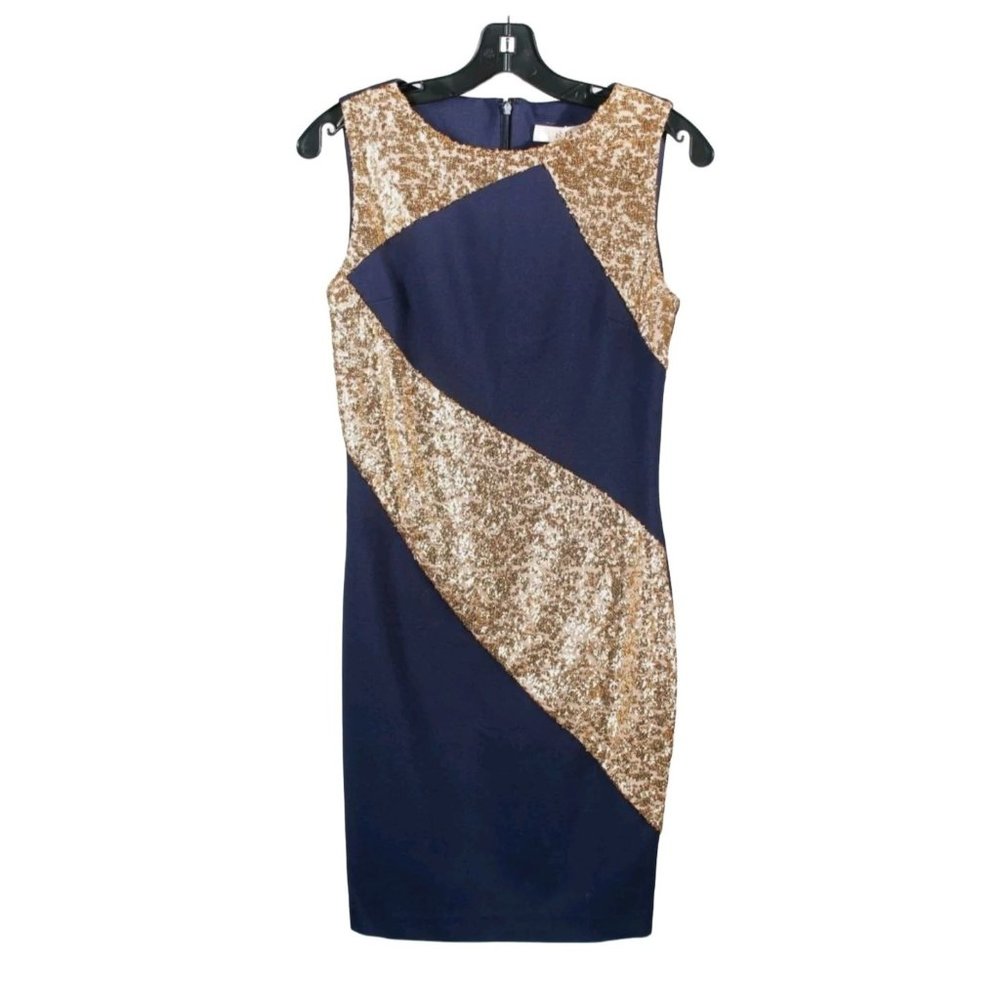 NWT ERIN Erin Fetherston Women's Navy Gold  Sequin Pencil Dress Size 4